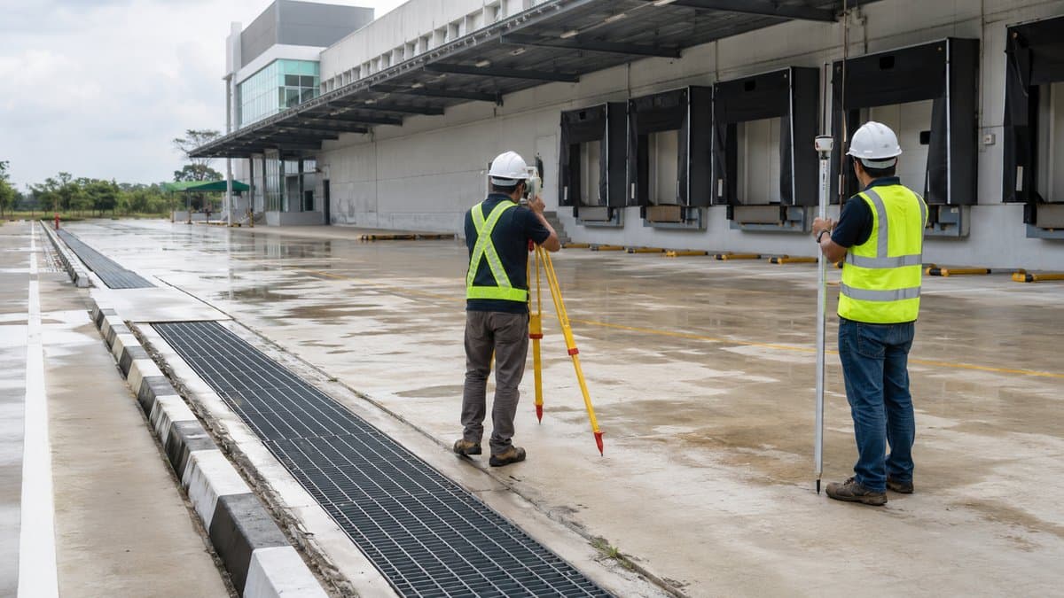A level survey can reveal relationships between the warehouse floor, yard, drains, road and critical equipment that are not obvious during a normal viewing. | Surveyed levels help compare the warehouse floor, yard, drains, road and critical equipment.