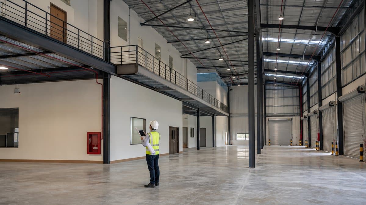 Professional inspecting a warehouse mezzanine and internal structures in Malaysia