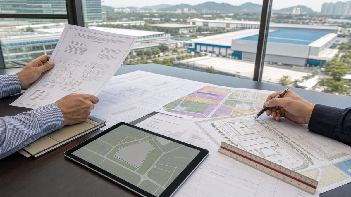 Professionals reviewing an industrial land title, zoning map and planning drawings in Malaysia