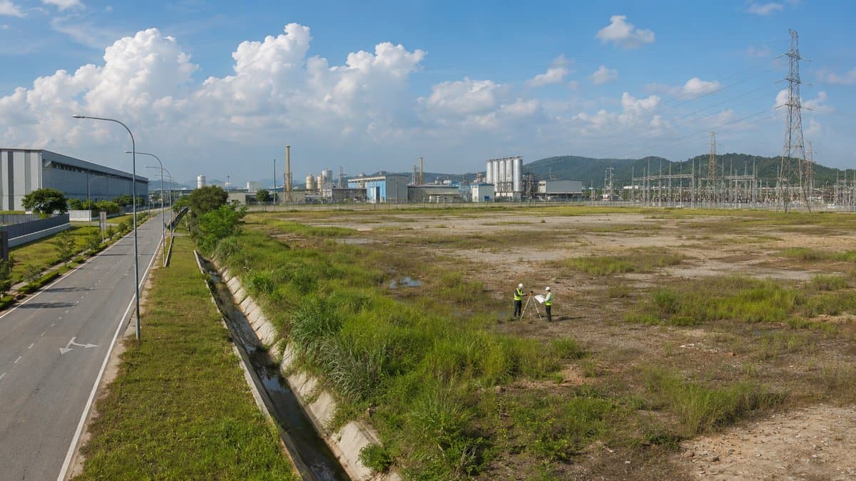 Industrial land site survey beside factories, drainage, roads and electrical infrastructure in Malaysia