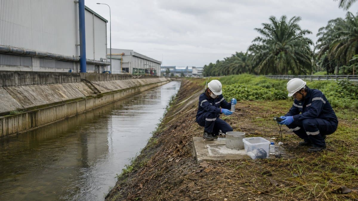 Environmental technicians conducting water and site assessment beside a Malaysian industrial property