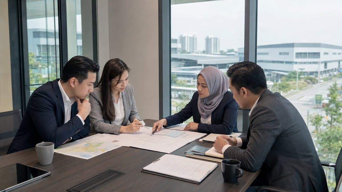 Foreign investors reviewing Malaysian industrial property documents with professional advisers