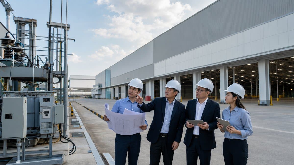 Foreign manufacturing executives inspecting factory power and infrastructure in Malaysia