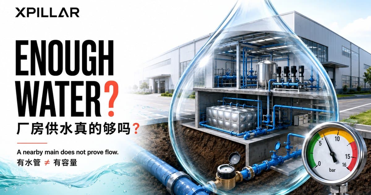 A nearby water main does not prove that a factory has enough flow, pressure, storage or wastewater capacity. | 附近有水管,并不能证明厂房拥有足够流量、水压、储水及废水处理能力。